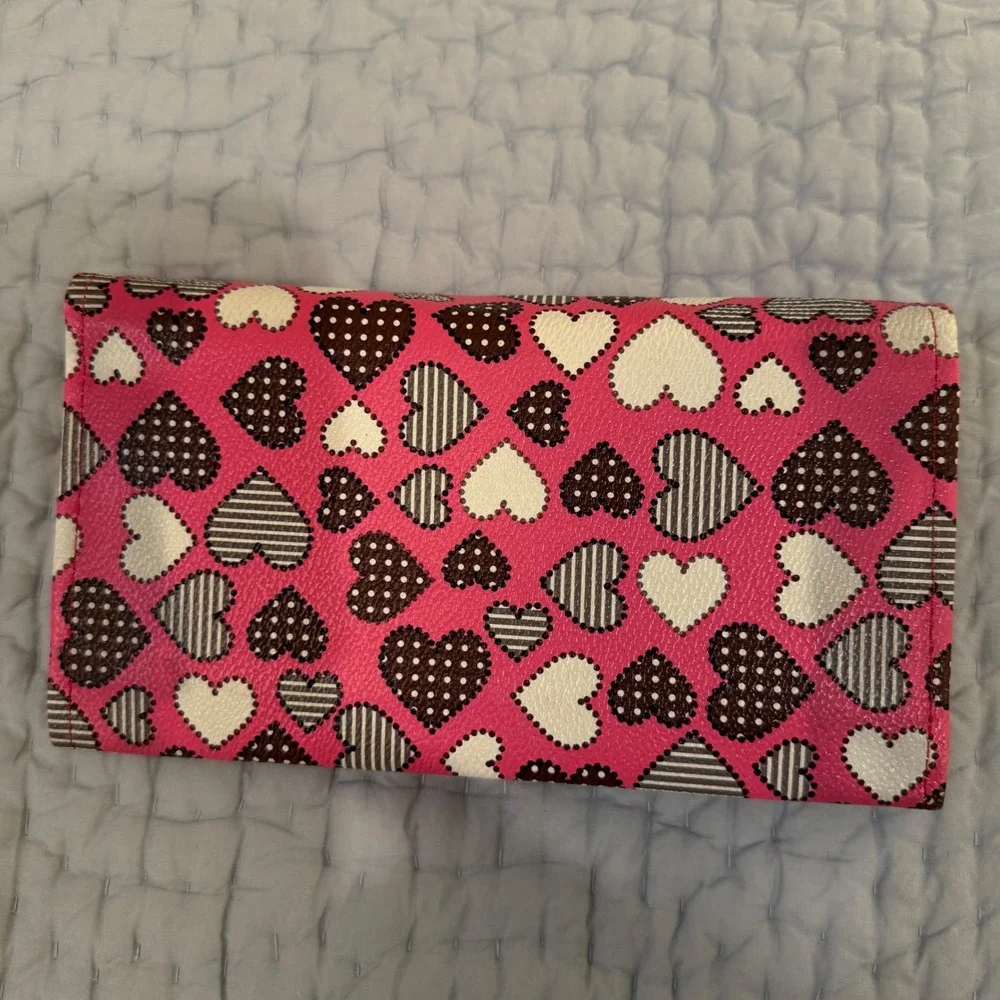 Pink Heart Print Trifold Wallet with Color Coded Interior Organizer Pockets